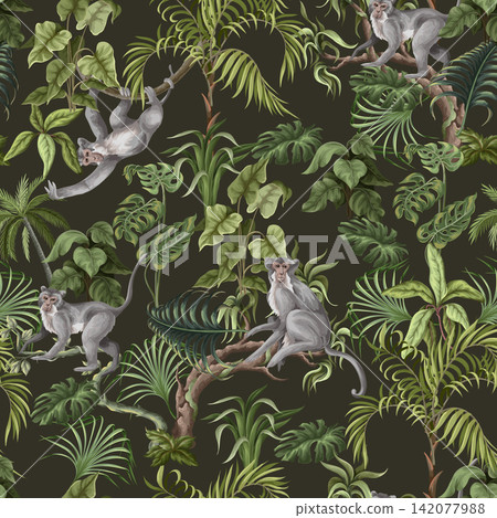 Jungle Monkeys Seamless Pattern with Tropical Leaves Exotic Wildlife and Botanical Forest Branches Jungle Monkeys Seamless Pattern with Tropical Leaves Exotic Wildlife and Botanical Forest Branches 142077988