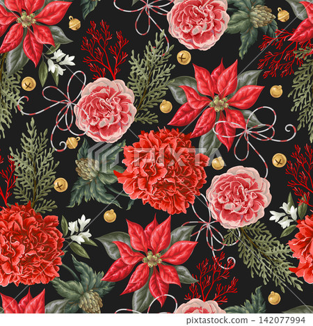 Christmas Seamless Pattern with Poinsettia Deer Bows Botanical Holiday Floral Winter Ornament Design Christmas Seamless Pattern with Poinsettia Deer Bows Botanical Holiday Floral Winter Ornament Design 142077994