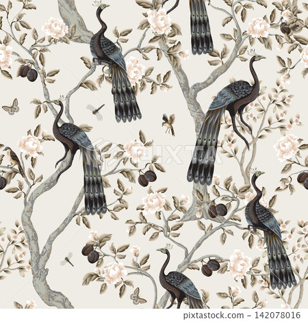 Chinoiserie Peacock Seamless Pattern with Floral Trees Birds Vintage Oriental Wallpaper Design Illustration Chinoiserie Peacock Seamless Pattern with Floral Trees Birds Vintage Oriental Wallpaper Design Illustration 142078016
