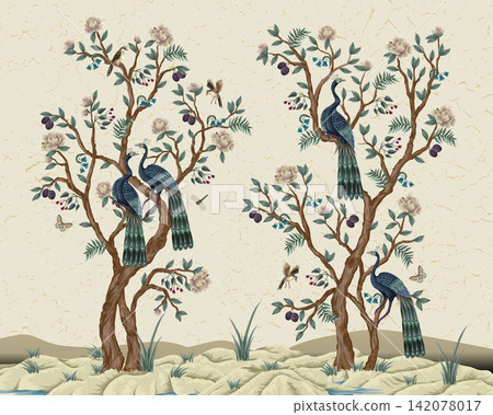 Chinoiserie Peacock Mural with Elegant Birds Floral Trees Vintage Wallpaper Landscape Design Illustration Chinoiserie Peacock Mural with Elegant Birds Floral Trees Vintage Wallpaper Landscape Design Illustration 142078017