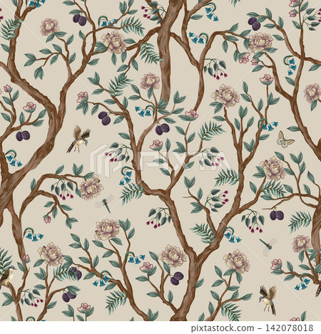 Chinoiserie Floral Seamless Pattern with Branches Birds Blossoms Butterflies and Elegant Oriental Garden Chinoiserie Floral Seamless Pattern with Branches Birds Blossoms Butterflies and Elegant Oriental Garden 142078018