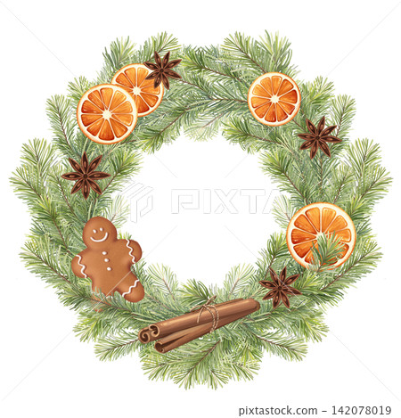 Hand-drawn Christmas pine wreath gingerbread dried orange illustration Hand-drawn Christmas pine wreath gingerbread dried orange illustration 142078019