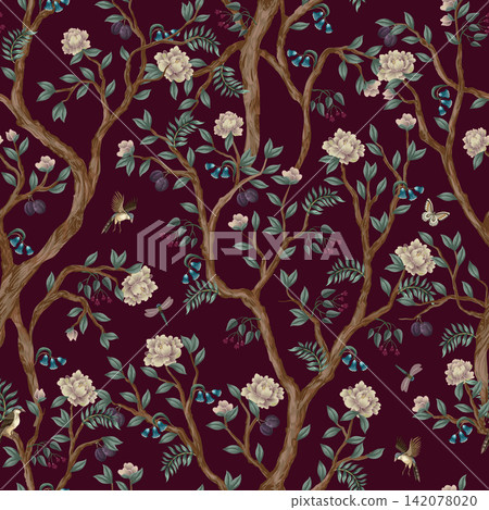 Chinoiserie Floral Seamless Pattern with Branches Birds Blossoms Butterflies and Elegant Oriental Garden Chinoiserie Floral Seamless Pattern with Branches Birds Blossoms Butterflies and Elegant Oriental Garden 142078020