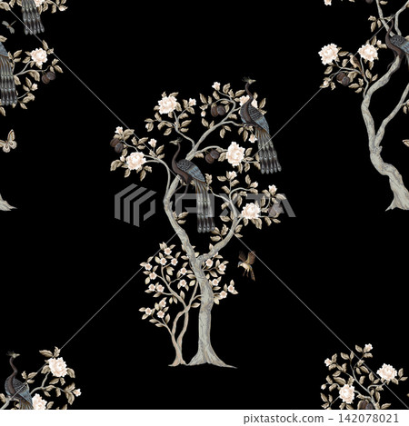 Chinoiserie Peacock Seamless Pattern with Floral Trees Birds Vintage Oriental Wallpaper Design Illustration Chinoiserie Peacock Seamless Pattern with Floral Trees Birds Vintage Oriental Wallpaper Design Illustration 142078021