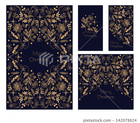 Card with gold Christmas elements. Vector. Card with gold Christmas elements. Vector. 142078024