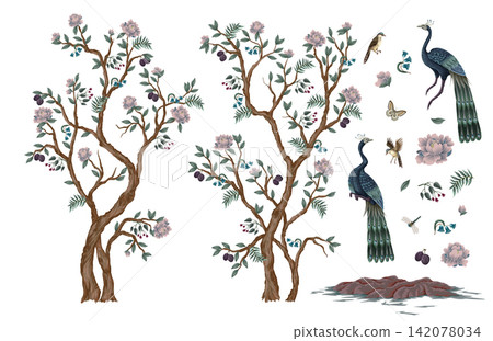 Chinoiserie Peacock Isolated Elements Collection with Floral Trees Birds Butterflies Oriental Garden Illustration Chinoiserie Peacock Isolated Elements Collection with Floral Trees Birds Butterflies Oriental Garden Illustration 142078034