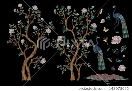 Chinoiserie Peacock Isolated Elements Collection with Floral Trees Birds Butterflies Oriental Garden Illustration Chinoiserie Peacock Isolated Elements Collection with Floral Trees Birds Butterflies Oriental Garden Illustration 142078035