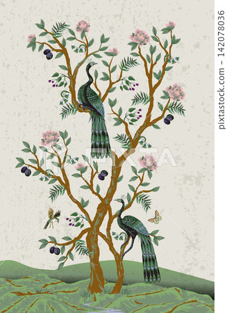 Chinoiserie Peacock Mural with Elegant Birds Floral Trees Vintage Wallpaper Landscape Design Illustration Chinoiserie Peacock Mural with Elegant Birds Floral Trees Vintage Wallpaper Landscape Design Illustration 142078036