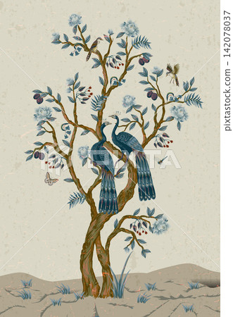 Chinoiserie Peacock Mural with Elegant Birds Floral Trees Vintage Wallpaper Landscape Design Illustration 142078037
