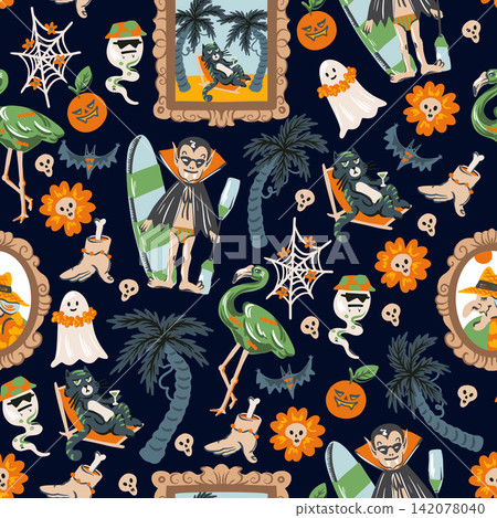Halloween Tropical Seamless Pattern with Surfing Vampire Ghosts Palm Trees and Spooky Vacation Halloween Tropical Seamless Pattern with Surfing Vampire Ghosts Palm Trees and Spooky Vacation 142078040