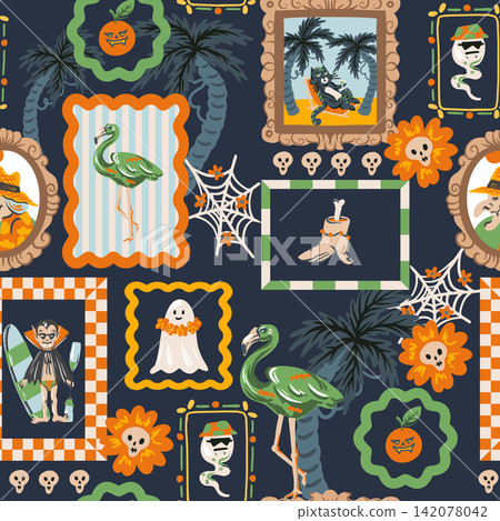 Halloween Tropical Seamless Pattern with Spooky Frames Flamingo Ghost Palm Trees Vacation Decor 142078042