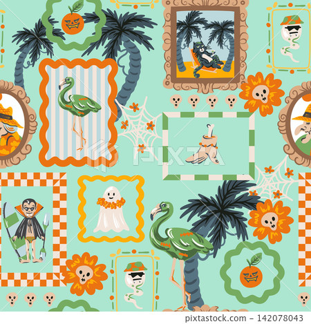 Halloween Tropical Seamless Pattern with Spooky Frames Flamingo Ghost Palm Trees Vacation Decor Halloween Tropical Seamless Pattern with Spooky Frames Flamingo Ghost Palm Trees Vacation Decor 142078043
