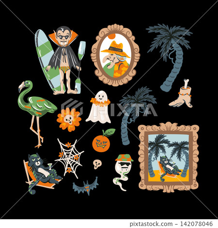 Halloween Tropical Isolated Elements with Surfing Vampire Ghosts Palm Trees and Spooky Clipart Halloween Tropical Isolated Elements with Surfing Vampire Ghosts Palm Trees and Spooky Clipart 142078046