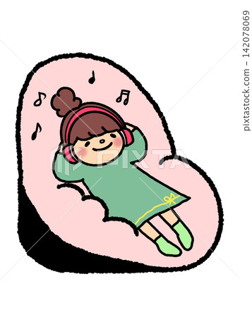 An illustration of a cute girl relaxing on a sofa while listening to music with headphones. An illustration of a cute girl relaxing on a sofa while listening to music with headphones. 142078069