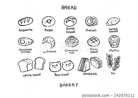 Hand-drawn line art set of a bakery | Baguette, bagel, croissant, sliced bread Hand-drawn line art set of a bakery | Baguette, bagel, croissant, sliced bread 142078112