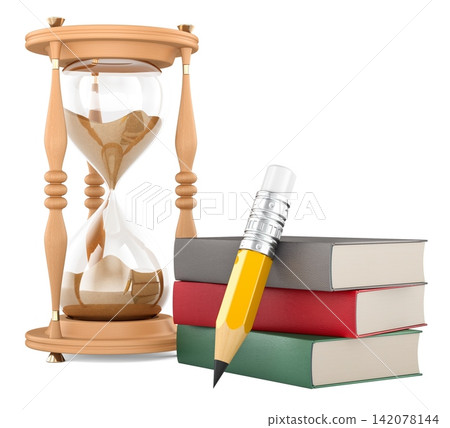 Hourglass with books and pencil, study time and exam deadline concept. 3D rendering Hourglass with books and pencil, study time and exam deadline concept. 3D rendering 142078144