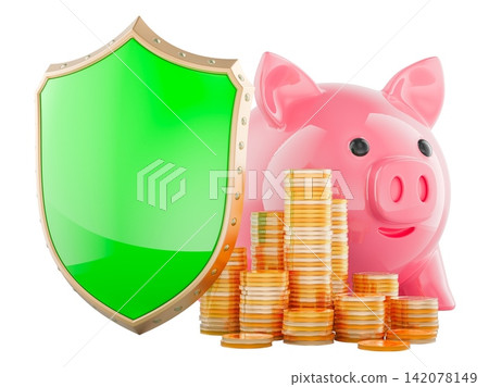 Piggy bank, gold coins and green shield, savings protection concept. 3D rendering Piggy bank, gold coins and green shield, savings protection concept. 3D rendering 142078149