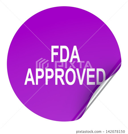 Purple FDA approved sticker with peeled corner. 3D rendering Purple FDA approved sticker with peeled corner. 3D rendering 142078150