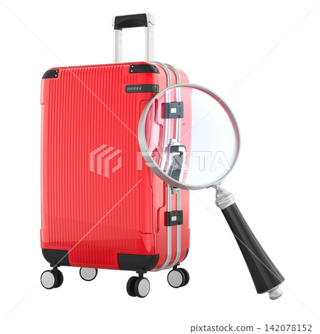 Suitcase with magnifying glass, luggage inspection and travel security. 3D rendering 142078152