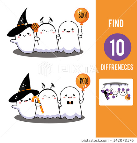 Cute Halloween ghosts. Find the differences educational children game. Kids activity fun page Cute Halloween ghosts. Find the differences educational children game. Kids activity fun page 142078176