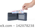 Hand inserts Rupiah into open wallet. Wallet sits on plain white background. No facial expressions or emotions visible. Ideal for finance, budgeting, or payment concepts 142078238