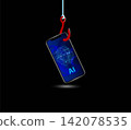 A smartphone hanging on a hook. AI Powered phishing Scams. Cybercrime concept. 142078535