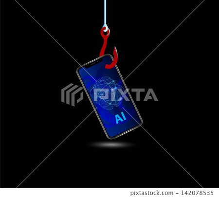 A smartphone hanging on a hook. AI Powered phishing Scams. Cybercrime concept. A smartphone hanging on a hook. AI Powered phishing Scams. Cybercrime concept. 142078535