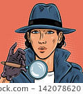 Female detective holding a magnifying glass and examining evidence 142078620