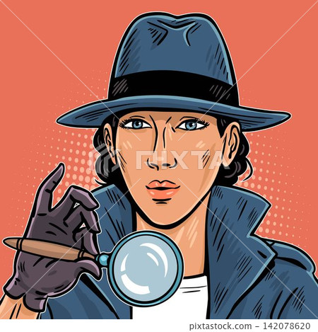 Female detective holding a magnifying glass and examining evidence Female detective holding a magnifying glass and examining evidence 142078620