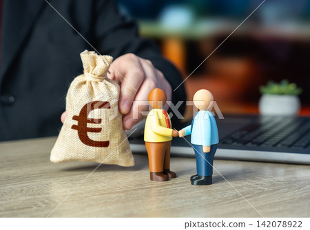 People shaking hands with a euro money bag. Concluding a deal and signing a contract. Mediation and arbitration services. People shaking hands with a euro money bag. Concluding a deal and signing a contract. Mediation and arbitration services. 142078922