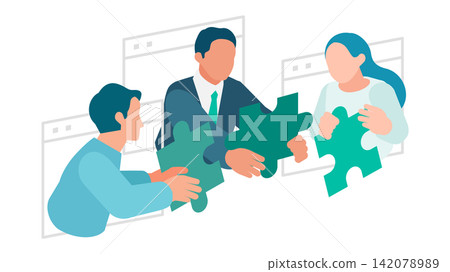 People collaborating and co-creating through puzzles; teamwork in business chat, video conferencing, and e-learning. People collaborating and co-creating through puzzles; teamwork in business chat, video conferencing, and e-learning. 142078989