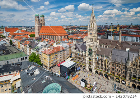 Top view of Neues Rathaus and Frauenkirche towers in Munich Germany Top view of Neues Rathaus and Frauenkirche towers in Munich Germany 142079214