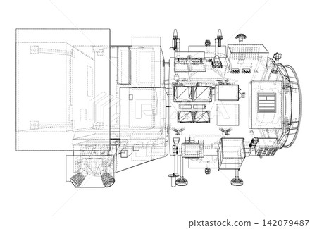 spacecraft technical blueprint. Vector spacecraft technical blueprint. Vector 142079487