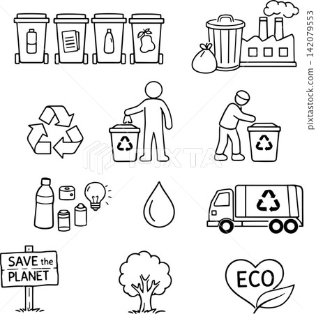 Hand drawn vector set of recycling, waste sorting, eco lifestyle and environmental protection illustrations including recycling bins, truck, tree, water, energy and planet symbols. Hand drawn vector set of recycling, waste sorting, eco lifestyle and environmental protection illustrations including recycling bins, truck, tree, water, energy and planet symbols. 142079553