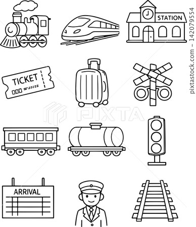 Hand drawn vector set of railway and train travel illustrations including locomotive, modern train, station, ticket, luggage, railcar, tracks, signals and conductor. Hand drawn vector set of railway and train travel illustrations including locomotive, modern train, station, ticket, luggage, railcar, tracks, signals and conductor. 142079554