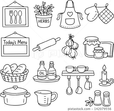 Set of hand drawn kitchen line icons - herbs, utensils, bread, jars, and cooking tools. Minimalist vector illustration for food and home design concepts. Set of hand drawn kitchen line icons - herbs, utensils, bread, jars, and cooking tools. Minimalist vector illustration for food and home design concepts. 142079556
