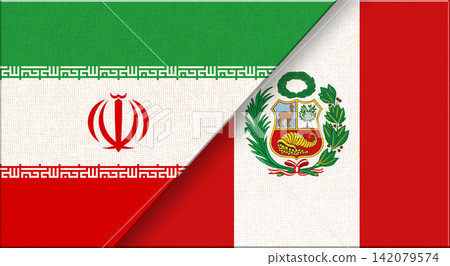 Double flag of Iran and Peru on fabric texture. Iranian and Peruvian flag in one Double flag of Iran and Peru on fabric texture. Iranian and Peruvian flag in one 142079574