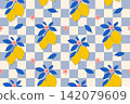 Lemon Pattern with Blue Leaves and Pink Flowers on Checkered Background. Mediterranean Summer Seamless Design 142079609
