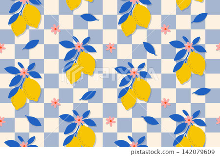 Lemon Pattern with Blue Leaves and Pink Flowers on Checkered Background. Mediterranean Summer Seamless Design Lemon Pattern with Blue Leaves and Pink Flowers on Checkered Background. Mediterranean Summer Seamless Design 142079609