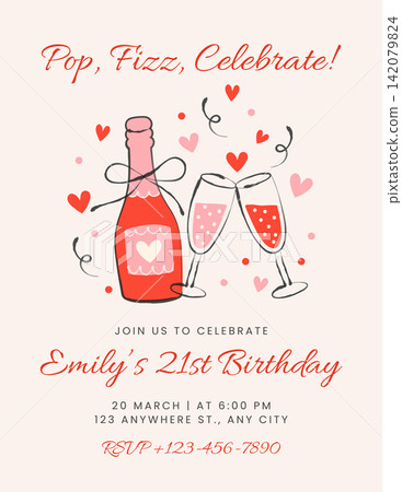 Birthday Invitation. Champagne Birthday Invitation with Toasting Glasses, Hearts and Confetti, Romantic 21st Birthday Party Card Template in Pink and Red with Celebration Details and RSVP Birthday Invitation. Champagne Birthday Invitation with Toasting Glasses, Hearts and Confetti, Romantic 21st Birthday Party Card Template in Pink and Red with Celebration Details and RSVP 142079824