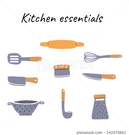 A collection of kitchen essential items featuring a wooden tool, a cooking utensil, a whisk, and a spatula. A collection of kitchen essential items featuring a wooden tool, a cooking utensil, a whisk, and a spatula. 142079862