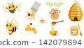 Cute cartoon collection featuring cheerful bees, honey jars, honeycomb, beehive, honey dipper, spoon and floral elements in a playful kawaii style on a white background 142079894