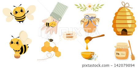 Cute cartoon collection featuring cheerful bees, honey jars, honeycomb, beehive, honey dipper, spoon and floral elements in a playful kawaii style on a white background Cute cartoon collection featuring cheerful bees, honey jars, honeycomb, beehive, honey dipper, spoon and floral elements in a playful kawaii style on a white background 142079894