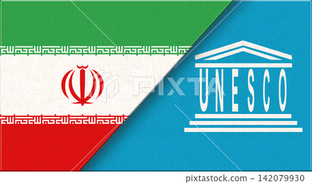 Double flag of Iran and UNESCO on fabric texture. Flag of Iran and UNESCO Double flag of Iran and UNESCO on fabric texture. Flag of Iran and UNESCO 142079930