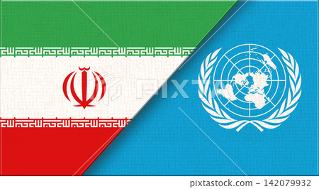 Double flag of Iran and United Nations on fabric texture. Flag of Iran and UN Double flag of Iran and United Nations on fabric texture. Flag of Iran and UN 142079932