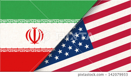 Double flag of Iran and USA on fabric texture. Flag of Iran and USA Double flag of Iran and USA on fabric texture. Flag of Iran and USA 142079933