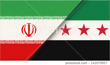 Double flag of Iran and Syria on fabric texture. Flag of Iran and Syria Double flag of Iran and Syria on fabric texture. Flag of Iran and Syria 142079957