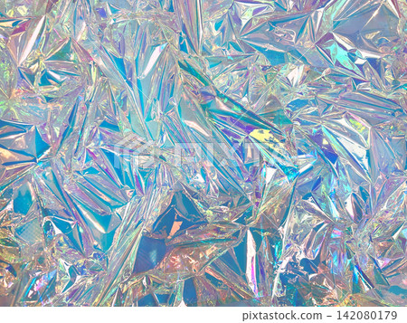 Crumpled iridescent holographic foil surface with prismatic rainbow color shift and crystal facet texture 142080179