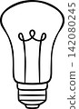 Monochrome vector icon of light bulb in sketch style. Simple illustration for stationery and eco-friendly branding 142080245