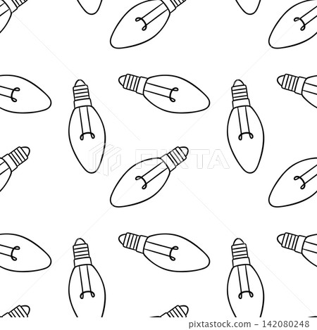 Seamless black and white pattern of light bulb in sketch style. Simple repeatable vector for energy-saving campaigns and gift wrap Seamless black and white pattern of light bulb in sketch style. Simple repeatable vector for energy-saving campaigns and gift wrap 142080248